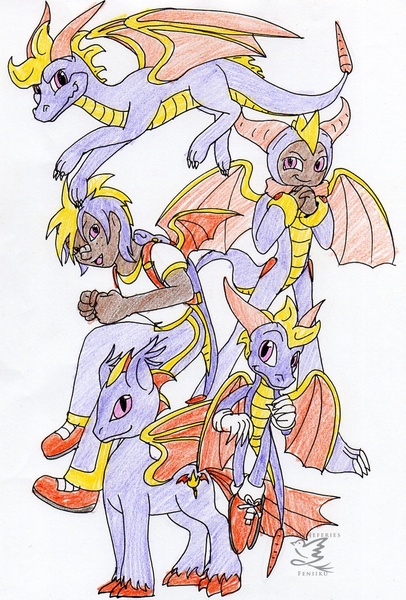 Size: 735x1087 | Tagged: anthro, artist:feniiku, crossover, dracony, everythingified, humanized, hybrid, nightified, nights, nights into dreams, plantigrade anthro, ponified, safe, sonicified, sonic the hedgehog (series), spyro the dragon, traditional art