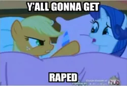 Size: 935x640 | Tagged: applejack, bed, blanket, caption, derpibooru import, edit, edited screencap, female, hubble, hub logo, image macro, implied rape, lesbian, look before you sleep, pillow, rarity, screencap, semi-grimdark, suggestive, the hub