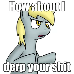 Size: 750x750 | Tagged: safe, artist:shinmera, derpibooru import, derpy hooves, pegasus, pony, caption, dialogue, female, how about i slap your shit, image macro, mare, reaction image, simple background, vulgar, white background