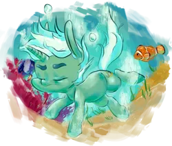 Size: 710x604 | Tagged: dead source, safe, artist:tweissie, derpibooru import, lyra heartstrings, fish, pony, unicorn, clownfish, eyes closed, ocean, simple background, solo, swimming, thick eyebrows, transparent background, underwater, water