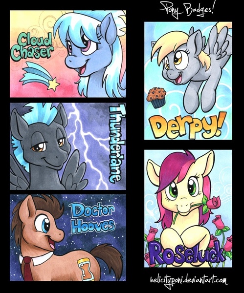 Size: 600x722 | Tagged: safe, artist:helicityponi, derpibooru import, cloudchaser, derpy hooves, doctor whooves, roseluck, thunderlane, time turner, pegasus, pony, female, flower, lightning, mare, muffin, necktie, rose, traditional art