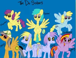 Size: 1024x779 | Tagged: safe, artist:extragoto10line, derpibooru import, cloud kicker, daring do, derpy hooves, ditzy doo, parasol, sunshower raindrops, pegasus, pony, family, female, lightning, mare, showers