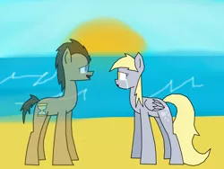 Size: 1024x768 | Tagged: safe, artist:dealk, derpibooru import, derpy hooves, doctor whooves, time turner, ghost, ghost pony, pegasus, pony, beach, crying, doctorderpy, female, male, mare, ocean, sad, sand, shipping, straight, sun, water