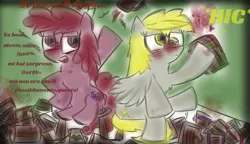 Size: 663x383 | Tagged: safe, artist:kingflurry, derpibooru import, berry punch, berryshine, derpy hooves, pegasus, pony, alcohol, cup, drink, drinking, drunk, female, mare, mug, spanish