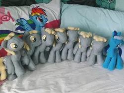 Size: 1024x768 | Tagged: safe, artist:hanakoneko, derpibooru import, derpy hooves, minuette, rainbow dash, pegasus, pony, army, bed, female, irl, mare, multeity, photo, pillow, plushie, unstoppable force of derp