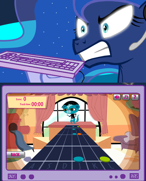 Size: 562x692 | Tagged: derpibooru import, exploitable meme, game, gamer luna, gamer meme, guitar hero clone, hubworld.com, keyboard, littlest pet shop, meme, obligatory pony, pc, pet shop rock, princess luna, safe, sunil nevla, tv meme