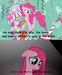 Size: 1073x1293 | Tagged: safe, derpibooru import, edit, edited screencap, screencap, pinkie pie, earth pony, pony, party of one, the ticket master, comic, comic sans, depression, female, mare, pinkamena diane pie, pinkie's gala fantasy song, sad, smiling, solo, streamers, text