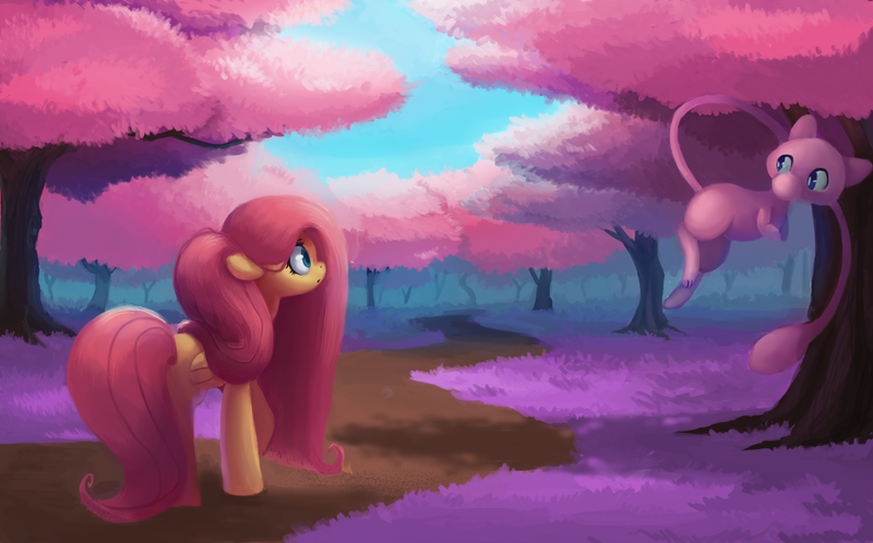 Size: 2688x1672 | Tagged: safe, artist:verrmont, derpibooru import, fluttershy, mew, pegasus, pony, cherry blossoms, crossover, flower, pokémon, tree