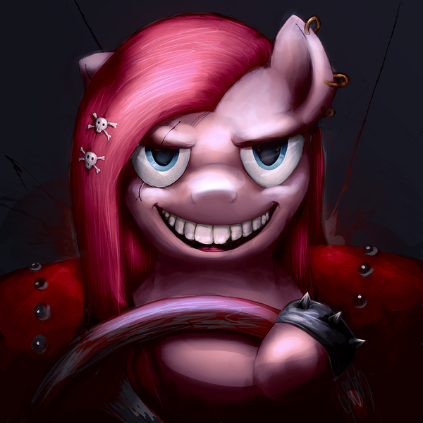 Size: 894x894 | Tagged: artist:mrshrike, carmageddon, derpibooru import, earring, grin, pinkamena diane pie, pinkie pie, semi-grimdark, steering wheel