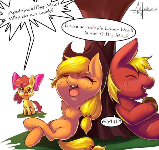 Size: 2760x2608 | Tagged: safe, artist:jggjqm522, derpibooru import, apple bloom, applejack, big macintosh, earth pony, pony, engrish, labor day, male, stallion