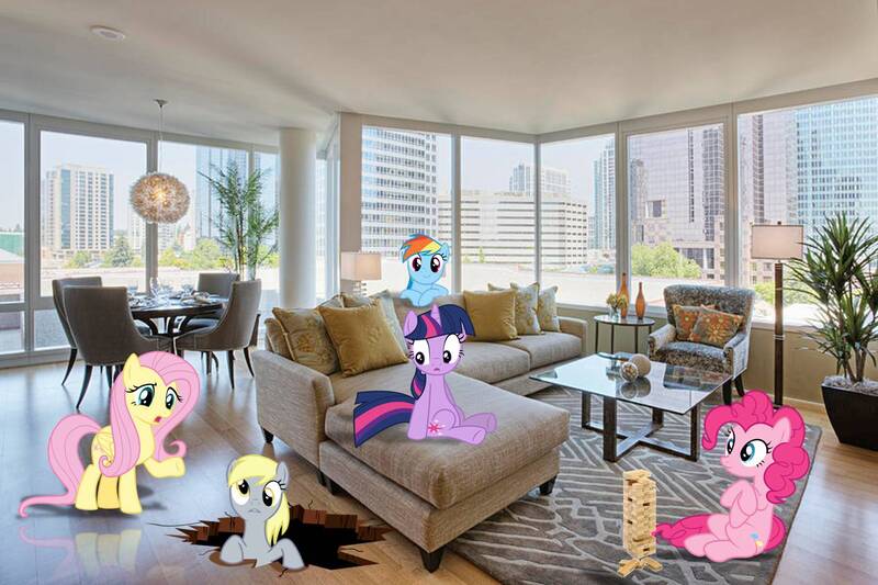 Size: 1440x960 | Tagged: safe, artist:dontae98, derpibooru import, derpy hooves, fluttershy, pinkie pie, rainbow dash, twilight sparkle, pegasus, pony, apartment, building, carpet, chair, couch, female, house, jenga, mare, ponies in real life, reflection, skyscraper, table, vector