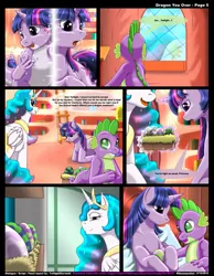 Size: 1165x1500 | Tagged: anatomically incorrect, artist:kitsuneyoukai, comic:dragon you over, derpibooru import, egg, incorrect leg anatomy, princess celestia, safe, spike, twilight sparkle