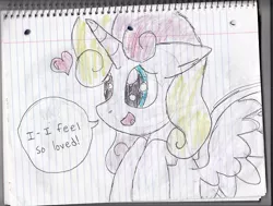 Size: 500x377 | Tagged: safe, derpibooru import, oc, oc:princess twila, unofficial characters only, alicorn, pony, ask princess twila, alicorn oc, ask, heart, lined paper, offspring, parent:prince blueblood, parent:twilight sparkle, parents:twiblood, solo, speech bubble, traditional art, tumblr