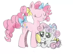 Size: 900x675 | Tagged: safe, artist:sweeterwho, derpibooru import, pinkie pie, sweetie belle, bierzcie i rysujcie, bow, tail bow