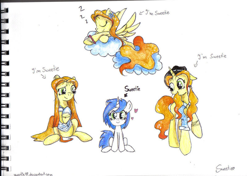 Size: 900x641 | Tagged: safe, artist:sweeterwho, derpibooru import, oc, oc:sweetie, unofficial characters only, pegasus, pony, unicorn, bierzcie i rysujcie, clothes, cloud, eyes closed, female, floppy ears, heart, looking at you, mare, on a cloud, raised hoof, shirt, sitting, smiling, spread wings, traditional art, wings, zzz