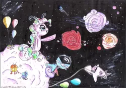 Size: 900x634 | Tagged: artist:sweeterwho, balloon, bierzcie i rysujcie, derpibooru import, pinkie pie, planet, rocket, safe, space, traditional art