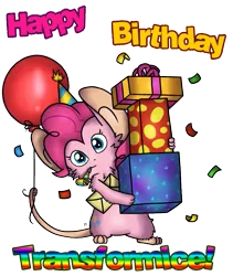 Size: 797x944 | Tagged: safe, artist:milchik, derpibooru import, pinkie pie, mouse, balloon, birthday, confetti, happy birthday, mousified, pinkie mouse, present, species swap, transformice