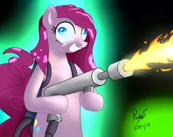 Size: 2400x1900 | Tagged: safe, artist:paulyt7, derpibooru import, pinkie pie, earth pony, pony, bipedal, derp, female, fire, flamethrower, glow, gradient background, grin, hoof hold, insanity, kill it with fire, mare, pinkamena diane pie, smiling, solo, some mares just want to watch the world burn, squee, weapon, wide eyes