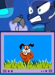 Size: 512x700 | Tagged: derpibooru import, dog, duck hunt, exploitable meme, gamer luna, gamer meme, meme, nintendo, nintendo entertainment system, obligatory pony, princess luna, safe, trolled, tv meme