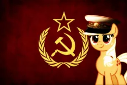 Size: 900x600 | Tagged: safe, derpibooru import, applejack, communism, flag, hammer and sickle, hat, soviet, soviet union