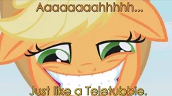 Size: 900x505 | Tagged: suggestive, derpibooru import, applejack, faic, post-coitus, rapeface, teletubbies, text, whose line is it anyway