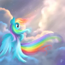 Size: 750x750 | Tagged: artist:rom-art, cloud, cloudy, derpibooru import, long tail, rainbow dash, safe, solo, stars, windswept mane