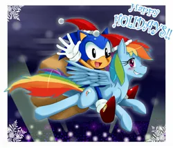 Size: 1981x1700 | Tagged: artist:ss2sonic, christmas, classic sonic, crossover, derpibooru import, flying, grin, hat, looking at you, open mouth, rainbow dash, riding, safe, santa hat, smiling, sonic the hedgehog, sonic the hedgehog (series), spread wings, waving