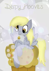 Size: 744x1073 | Tagged: safe, artist:marshmallowwithchoco, derpibooru import, derpy hooves, pegasus, pony, bubble, female, letter, mail, mare, mouth hold, muffin, solo