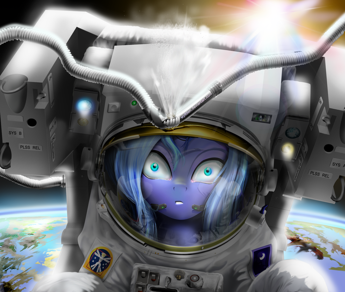 Size: 2843x2406 | Tagged: artist:wylfden, astronaut, danger, female, imminent death, looking at you, oh crap, planet, princess luna, semi-grimdark, solo, space, spacesuit, this will end in tears, this will end in tears and/or death, this will not end well, trouble