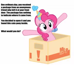 Size: 1181x1049 | Tagged: box, bronybait, cute, derpibooru import, meme, party, pinkie pie, question, safe, text