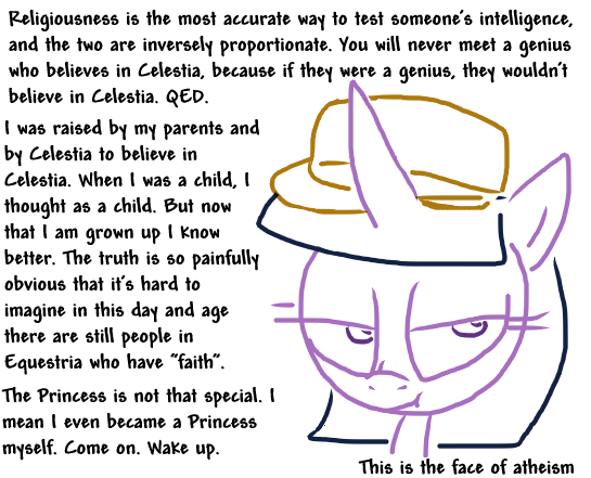 Size: 545x441 | Tagged: artist:the weaver, atheism, derpibooru import, faces of atheism, fedora shaming, hat, r/atheism, reddit, religion, safe, simple background, smug, smuglight sparkle, solo, trilby, twilight sparkle, white background