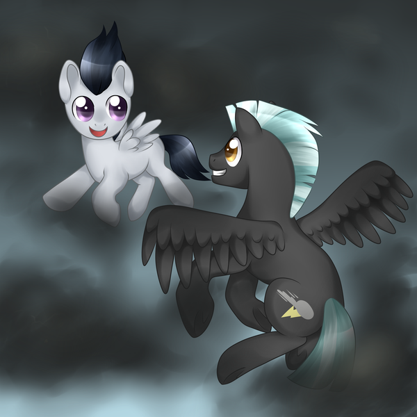 Size: 1024x1024 | Tagged: artist:kitsunewolf95, brothers, cloud, cloudy, derpibooru import, flying, rumble, safe, thunderlane