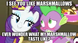 Size: 550x305 | Tagged: suggestive, derpibooru import, edit, edited screencap, screencap, rarity, spike, dragon, pony, unicorn, dragon quest, apron, blushing, caption, clothes, female, hub logo, image macro, innuendo, male, mare, meme, rarity's bad pickup lines, shipping, sparity, straight