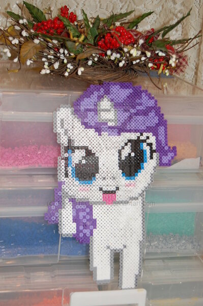 Size: 600x902 | Tagged: safe, derpibooru import, rarity, filly, perler beads, photo, solo, watermark, younger