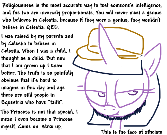 Size: 545x441 | Tagged: artist:the weaver, atheism, beard, derpibooru import, edit, euphoric, faces of atheism, fedora shaming, hat, hypocrisy, neckbeard, r/atheism, reddit, religion, safe, simple background, solo, trilby, twilight sparkle, white background