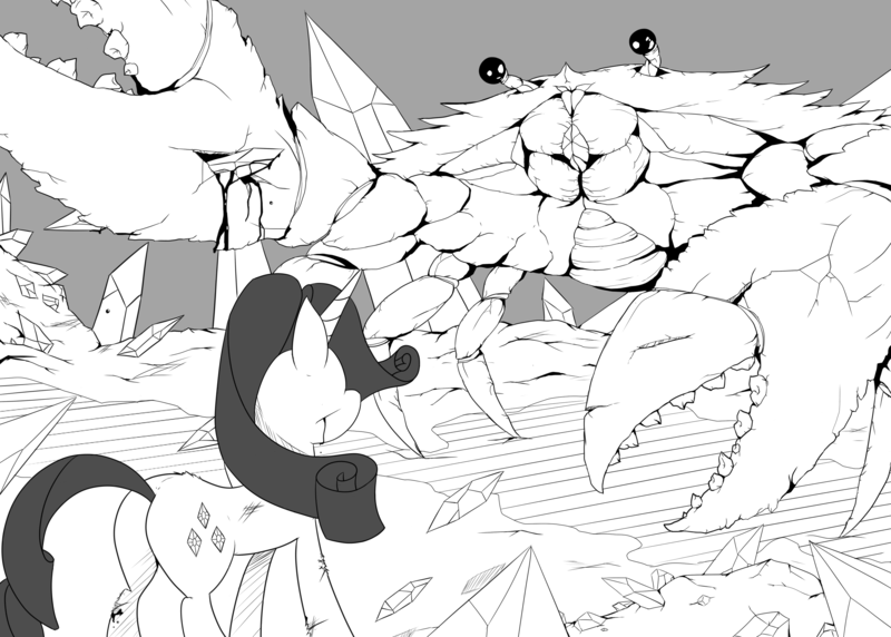 Size: 3000x2146 | Tagged: artist:janji009, blood, crab, derpibooru import, fight, grayscale, lineart, monochrome, rarity, rarity fighting a giant crab, safe