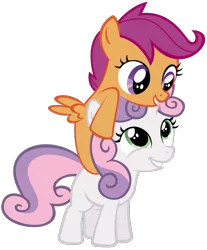 Size: 728x879 | Tagged: safe, artist:lazypixel, artist:thestorm117, derpibooru import, scootaloo, sweetie belle, pegasus, pony, unicorn, cute, cutealoo, diasweetes, glomp, grin, hat, hug, ponies riding ponies, pony hat, simple background, smiling, squee, transparent background, vector