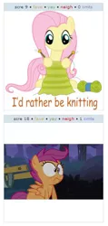 Size: 272x570 | Tagged: cute, derpibooru, derpibooru import, fluttershy, juxtaposition, no mouth, pegasus, safe, scootaloo, scootaloo is not amused, unamused, wide eyes