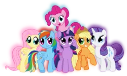 Size: 1155x691 | Tagged: safe, artist:theshadowstone, derpibooru import, applejack, fluttershy, pinkie pie, rainbow dash, rarity, twilight sparkle, twilight sparkle (alicorn), alicorn, pony, female, glow, happy, mane six, mare, simple background, smiling, transparent background, vector