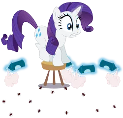 Size: 2000x1900 | Tagged: safe, artist:adcoon, derpibooru import, rarity, cockroach, insect, pony, unicorn, bug spray, entomophobia, female, magic, mare, scared, simple background, solo, spray, stool, telekinesis, transparent background, vector