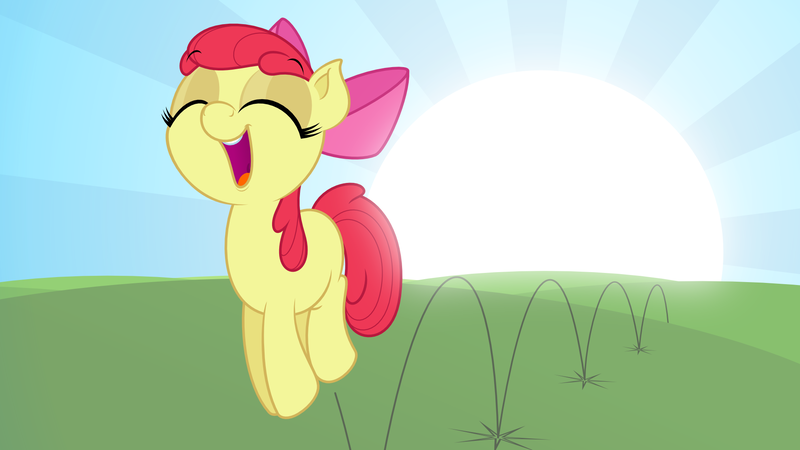 Size: 1920x1080 | Tagged: safe, artist:zutheskunk, derpibooru import, apple bloom, happy, jumping, pronking, sun, vector, wallpaper