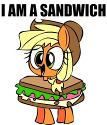 Size: 601x702 | Tagged: safe, artist:mushroomcookiebear, derpibooru import, applejack, pony, clothes, cute, dialogue, food, food costume, jackabetes, open mouth, sandwich, silly, silly pony, simple background, smiling, solo, wat