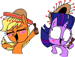 Size: 815x619 | Tagged: alcohol, applejack, artist:mushroomcookiebear, blushing, bottle, derpibooru import, drink, drinking, drunk, drunk aj, drunk twilight, mexico, safe, sombrero, twilight sparkle