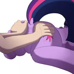 Size: 2880x2880 | Tagged: suggestive, artist:full stop, derpibooru import, twilight sparkle, human, pony, butt grab, butt massage, butt only, butt touch, buttsage, dock, featureless crotch, hand, hand on butt, plot, prone, raised tail, simple background, spreading, squishy, squooshy, white background