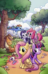 Size: 828x1260 | Tagged: angel bunny, applejack, artist:agnesgarbowska, cloud, cloudy, cover, derpibooru import, fluttershy, idw, magic, mane six, pinkie pie, rainbow dash, rarity, safe, telekinesis, tree, twilight sparkle