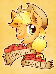 Size: 700x919 | Tagged: apple, applejack, artist:steveholt, banner, derpibooru import, portrait, safe, solo, wink