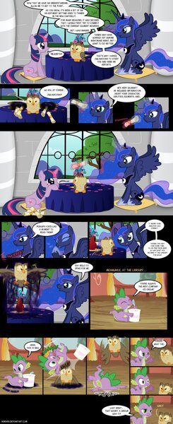 Size: 571x1400 | Tagged: safe, artist:nimaru, derpibooru import, owlowiscious, princess luna, spike, twilight sparkle