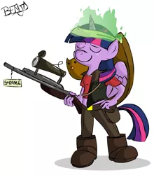 Size: 950x1080 | Tagged: alicorn, animal, anthro, artist:benja, bird, clothes, derpibooru import, eyes closed, female, gun, hooves, horn, mare, midriff, optical sight, owl, parody, rifle, safe, short shirt, simple background, sniper, sniper rifle, solo, team fortress 2, twilight sparkle, twilight sparkle (alicorn), weapon, white background, wings