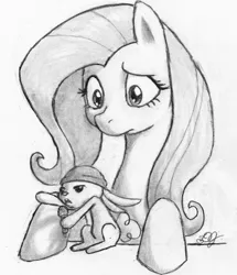 Size: 1287x1500 | Tagged: safe, artist:dj-black-n-white, derpibooru import, angel bunny, fluttershy, pony, season 4, concept art, eminem, f to the flutter s to the shy, female, mare, microphone, monochrome, rapping, rumor, slim shady, traditional art