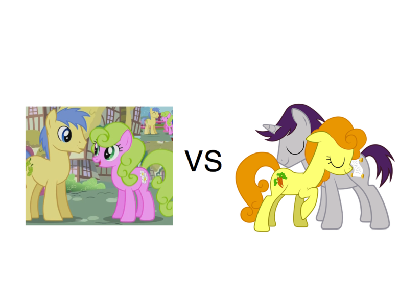 Size: 1000x768 | Tagged: safe, derpibooru import, edit, edited screencap, screencap, carrot top, daisy, flower wishes, golden harvest, goldengrape, sir colton vines iii, written script, earth pony, pony, unicorn, daisygrape, female, goldenscript, male, mare, ponies standing next to each other, shipping, stallion, straight